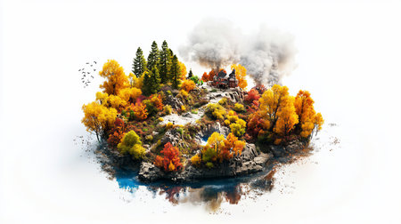 A stunning autumn island landscape with a detailed mansion, rich fall colors, rugged rocks, a cascading waterfall, and clear blue water.の素材