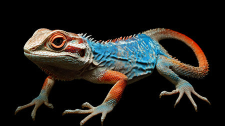 A colorful lizard with a detailed scale texture, featuring blue, orange, and red hues. The lizard is in a side profile pose, showcasing its unique coloration.の素材