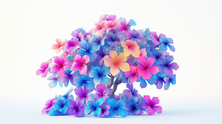 A small, stylized tree covered in numerous brightly colored flowers. Petals show a gradient of pink, blue, purple, and yellow hues with a subtle glow and intricate textures.の素材