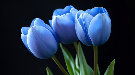 Three vibrant blue tulips, showcasing smooth petals with subtle texture, stand upright with green stems and leaves against a dark background.の素材