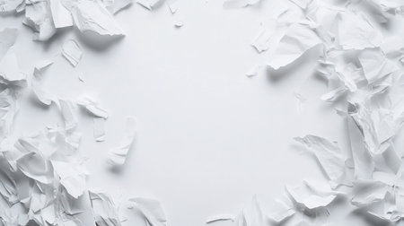 Scattered pieces of torn white paper creating an abstract texture on a white surface, with varying shapes and sizes.の素材