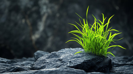 Bright green grass growing from a dark, textured rock. The grass blades are thin and upright, contrasting with the rough stone surface.の素材