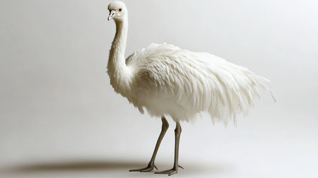 A majestic white emu stands tall, showcasing its fluffy, textured feathers. The bird's long neck and legs are visible, with a detailed beak and eye.の素材
