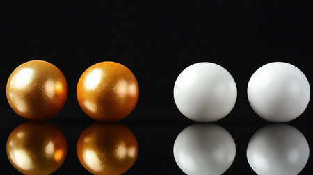 Two shimmering golden spheres and two matte white spheres are arranged in pairs, showcasing their textured surfaces and reflections.の素材