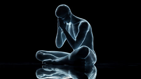 A stylized, luminous human figure composed of thin, horizontal lines sits in a meditative, cross-legged pose, hands clasped in prayer or contemplation.の素材
