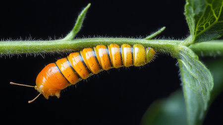 A vibrant larva with a shiny, segmented body. It has an orange head, a yellow-orange body with black stripes, and small antennae.の素材