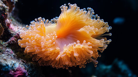 Close-up of a bright orange bubble-tip anemone featuring numerous tentacles with bulbous tips, radiating from a central point.の素材