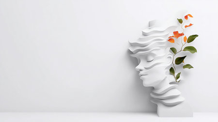 A white, abstract sculpture of a human face with layered, wavy features. Green and orange foliage emerges from the sculpture. The face is in profile with closed eyes.の素材