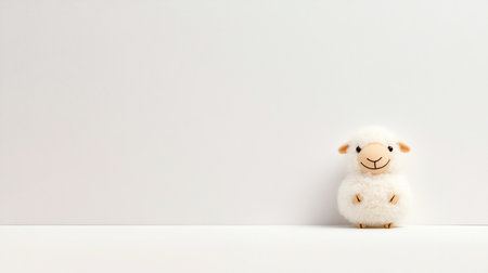 A small, round, plush sheep toy made of white, curly fleece. It has a beige face, black eyes, a stitched smile, and stands upright on tiny hooves.の素材