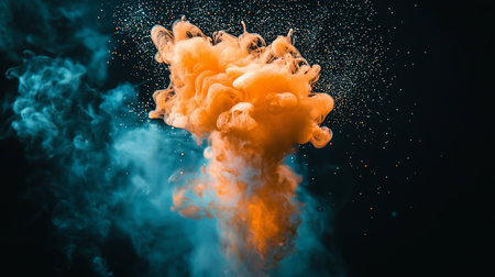 A dynamic plume of orange ink with glitter particles expands and mixes with swirling teal smoke in a dark fluid, creating a vibrant, abstract, and textured visual.の素材