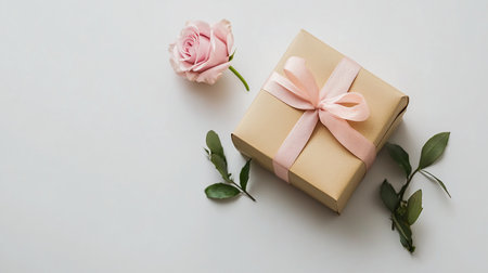 A gift wrapped in brown paper with a pink ribbon bow, a single pink rose, and two sprigs of green leaves arranged elegantly.の素材