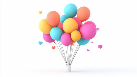 A collection of round, matte balloons in various bright colors, tethered to a white container, with scattered heart-shaped elements.の素材