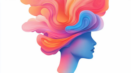 A stylized blue profile of a woman's head with vibrant, flowing abstract shapes in shades of pink, orange, and blue emanating from it like hair or thoughts.の素材