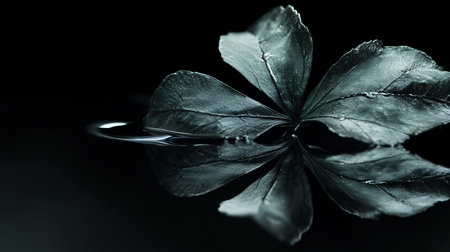 A dark, textured leaf floats on water, reflecting its form. The leaf has visible veins and a rough texture, with water droplets.の素材
