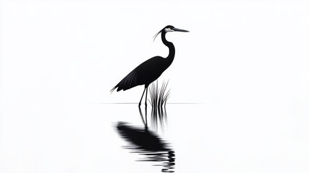Striking black heron with a long neck and beak, standing in shallow water with a clear reflection, minimalist and elegant design.の素材