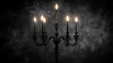 Elaborate black candelabra featuring seven lit candles, set against a dark, smoky, textured background, creating a dramatic and gothic atmosphere.の素材