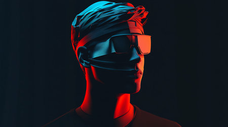 A stylized, abstract sculpture of a human head wearing futuristic glasses, illuminated by vibrant neon red and blue light.の素材