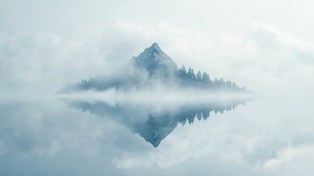 A sharp, snow-dusted mountain peak emerges from dense fog, surrounded by a line of evergreen trees, with a perfect reflection in the still water below.の素材