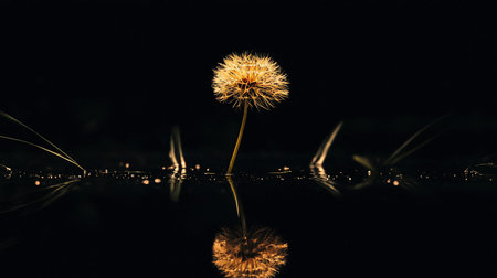 A single dandelion seed head with delicate, feathery seeds, reflected on a dark, rippled water surface, creating a symmetrical composition.の素材