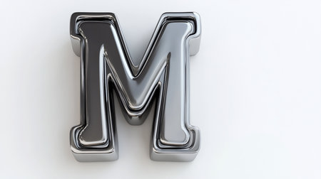 A three-dimensional uppercase letter M, crafted from highly polished, reflective silver chrome. It features smooth, rounded surfaces and a distinct beveled outline.の素材