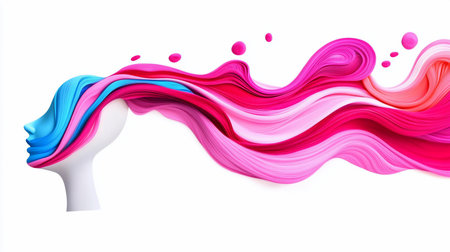 A stylized mannequin head in profile with a blue face and dynamic, flowing hair made of thick, textured pink, magenta, and blue paint-like swirls.の素材