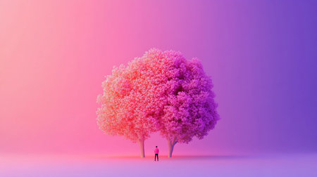 A solitary figure stands between two large, richly colored trees, their dense canopies displaying a gradient of pink to purple.の素材