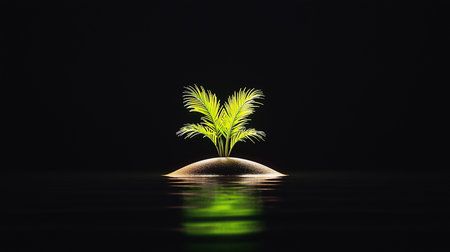 A small, vibrant green palm tree grows on a sandy mound, its reflection visible in the dark water below.の素材