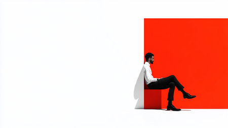 A man with a beard, wearing a white shirt, black pants, and shiny black shoes, is sitting in profile on a red cube.の素材