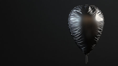 Crumpled black foil balloon, partially deflated, featuring a highly reflective and textured surface with visible creases.の素材