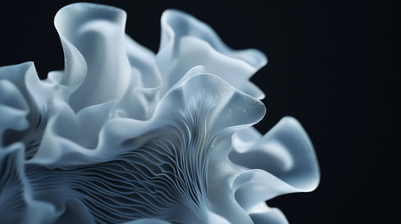 A macro view of a delicate, ethereal structure. Its translucent, frosted surface reveals intricate, flowing gills and soft, ruffled curves, glowing with a pale blue light.の素材