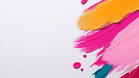 Thick, glossy smears of vibrant paint in yellow, magenta, pink, and teal, showing detailed brushstroke textures and small, round droplets of color.の素材