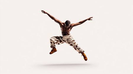 Athletic Black man mid-jump, arms outstretched, wearing baggy camouflage pants and brown high-top sneakers. Muscular torso, dynamic pose.の素材