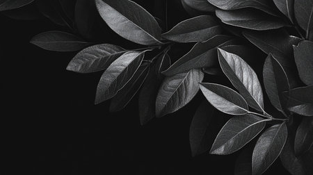 A dense cluster of elliptical leaves in black and white, featuring a grainy texture and visible veins. Soft light highlights the surfaces, creating a moody, elegant composition.の素材