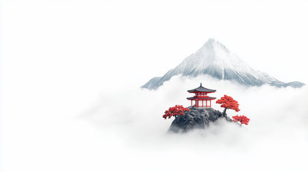 A vibrant red and black tiered pagoda stands on a dark rocky cliff, flanked by bright red trees, enveloped in soft white clouds with snowy mountains behind.の素材