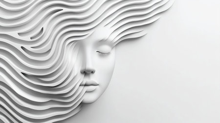 A minimalist white sculpture of a woman's face with closed eyes, partially obscured by abstract, layered wavy forms resembling hair or fabric.の素材