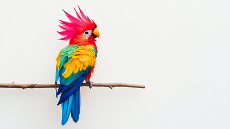 A side profile of an exotic, multicolored bird with a spiky fuchsia crest, red head, yellow and turquoise wings, and a long blue tail, sitting on a simple wooden twig.の素材