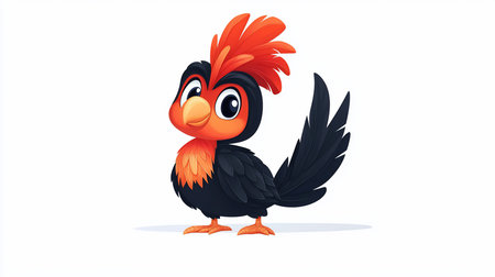Detailed illustration of a charming cartoon bird, featuring a black body, fluffy orange chest, a prominent red crest, and a cheerful expression.の素材