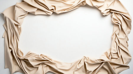 Soft beige fabric draped in a frame-like shape, featuring gentle folds and a subtle texture, creating a delicate and elegant border.の素材