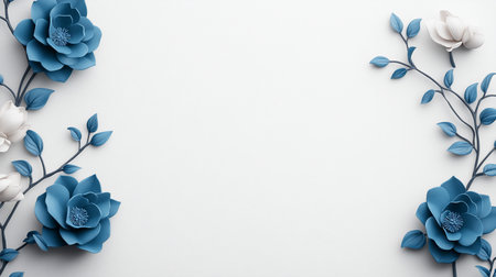 A beautiful arrangement of stylized 3D flowers in dusty blue and off-white, with smooth, matte petals, detailed stamens, and delicate winding vines with leaves.の素材