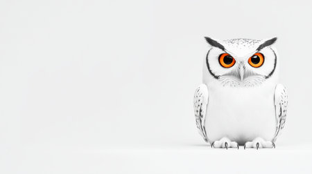 Fluffy white owl with vibrant orange eyes, black pupils, and subtle dark speckles on its wings and head, sitting calmly.の素材