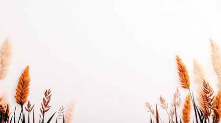 Natural dried pampas grass and slender reeds display soft, feathery textures and rigid stems. Earthy brown, beige, and rust colors dominate.の素材