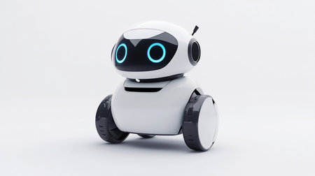 A small, glossy white robot with two glowing blue circular eyes and black wheels, standing on a white surface.の素材