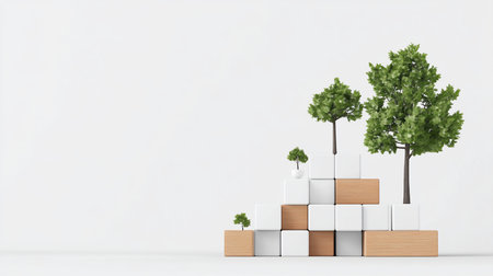 Three trees of varying sizes are placed on a staircase made of white and wood-textured cubes, symbolizing growth and development.の素材