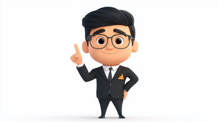 A 3D cartoon character of a young businessman in a black suit, white shirt, and tie, with glasses and black hair, pointing his index finger upwards.の素材