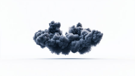A dark, textured cloud formation, rendered in a dense, billowing style, appears to float against a white background. The cloud has a complex, layered structure.の素材