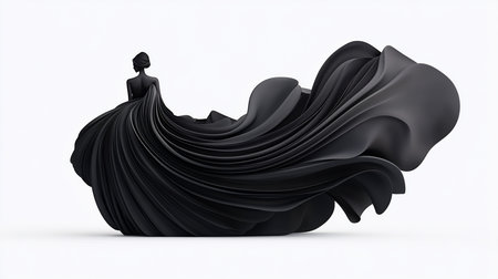 A woman with a sleek updo stands draped in a voluminous, flowing black dress with a sculptural, dynamic fabric design.の素材