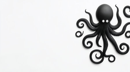 A matte black octopus with googly eyes and eight curled tentacles, textured surface, and a whimsical appearance.の素材