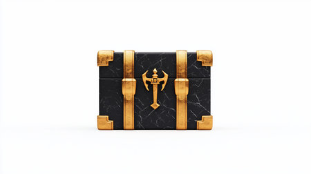 A closed rectangular chest made of black marble with white veins, reinforced with textured gold straps, corner guards, and a central clasp shaped like a fantasy battle-axe.の素材