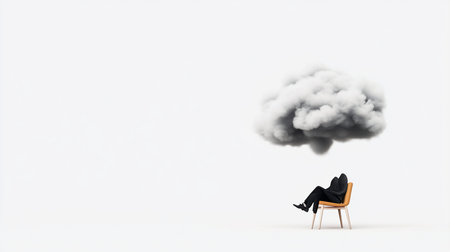 A person in a black hooded jacket and pants sits on a wooden chair, with a large, fluffy gray cloud hovering directly above them.の素材