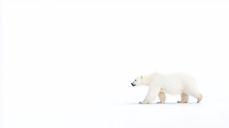 A solitary polar bear with thick white fur walks gracefully across a stark white, snow-covered terrain, its powerful form silhouetted against the bright expanse.の素材